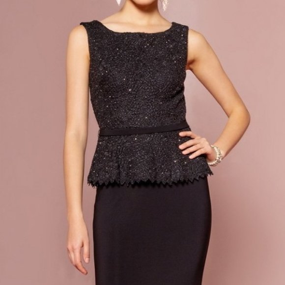 Evening Party Mother of Bride Peplum Floor Length Jersey Dress with Lace Bodice - Picture 7 of 8